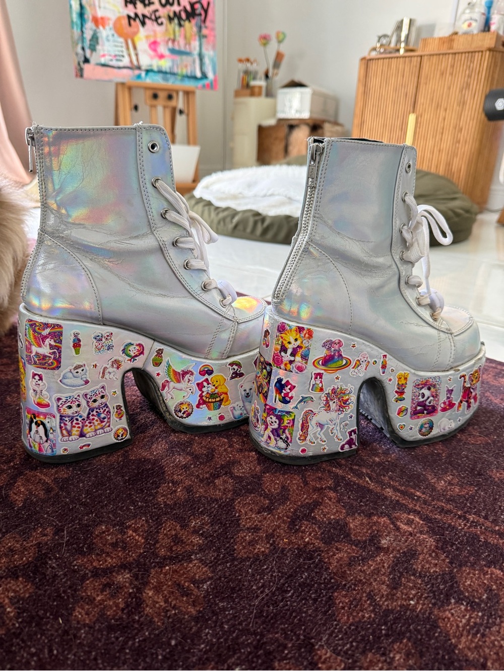 Custom Demonia Holographic/ iridescent Platform Boots w/ Lisa Frank